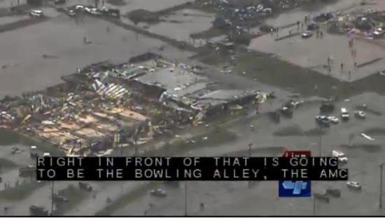 Screen capture of May 20, 2013 Moore, Oklahoma tornado damage from KFOR-TV.