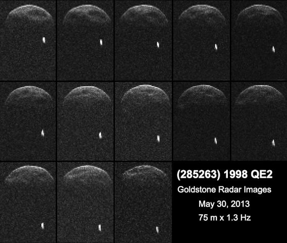 First radar images of asteroid 1998 QE2 were obtained when the asteroid was about 3.75 million miles (6 million kilometers) from Earth. The radar collage covers a little bit more than two hours.  Image credit: NASA/JPL-Caltech/GSSR 