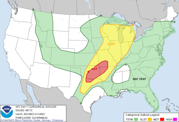 Storm Prediction Center has issued another moderate risk for severe storms across Oklahoma, southwest Missouri, northwest Arkansas, and parts of northeast Texas. 