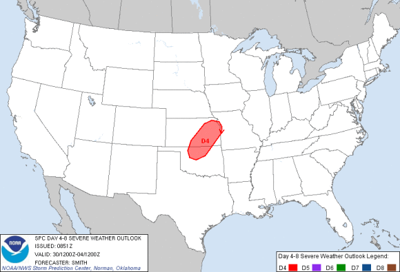Severe weather outlook for May 30, 2013 (Day 4). Image Credit: Storm Prediction Center
