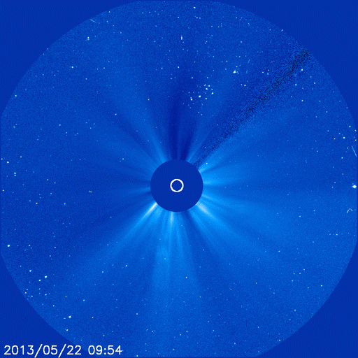 M5-class explosion from sunspot AR1745, which was about to disappear behind the sun's western limb. The flare peaked at 1332 UTC (8:32 CDT) on May 22, 2013.