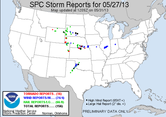 Preliminary severe weather reports on May 27, 2013. Image Credit: Storm Prediction Center