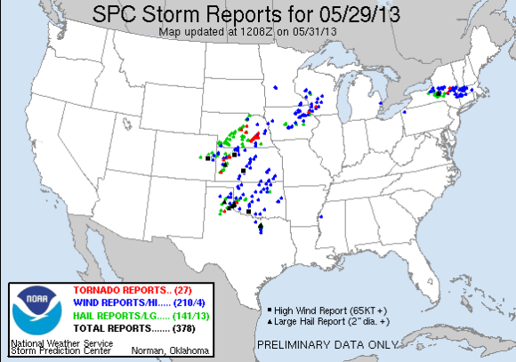 Preliminary severe weather reports on May 29, 2013. Image Credit: Storm Prediction Center