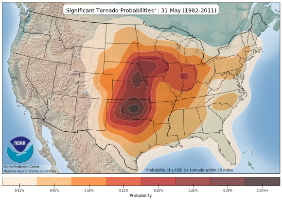 It is quite normal to see strong and significant tornadoes across Central Oklahoma on May 31 based on climatology. Image Credit: Storm Prediction Center