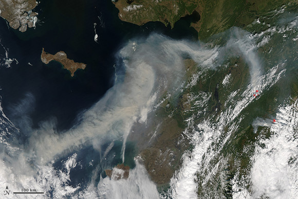 Satellite image of smoke from wildfires burning in western Alaska on June 19, 2013. Read more about this image here. NASA image by Jeff Schmaltz, LANCE/EOSDIS Rapid Response.