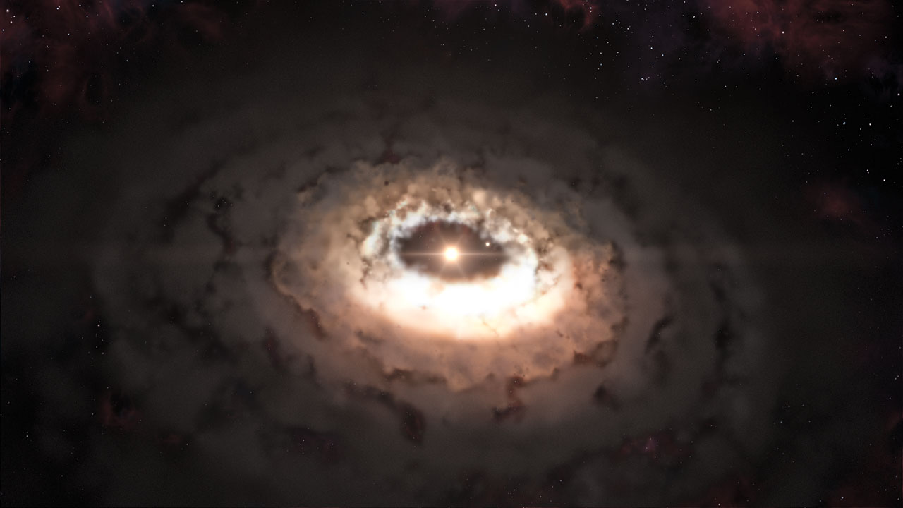 View larger. | Artist's impression of dust trap in the system Oph-IRS 48. The dust trap provides a safe haven for the tiny rocks in the disc, allowing them to clump together and grow to larger sizes, so that they can survive on their own. Image via ESO/L. Calçada 