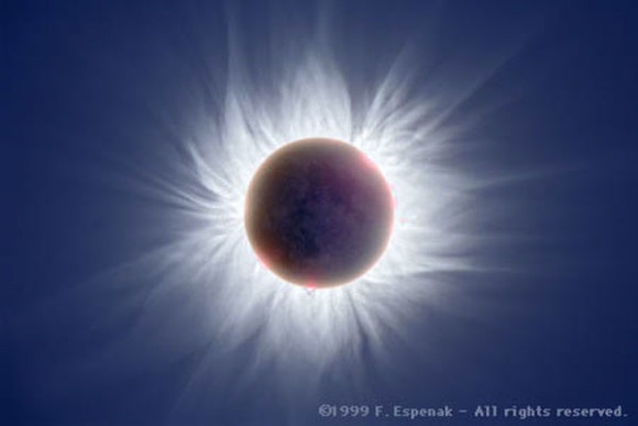A total solar eclipse in August, 1999 by Fred Espenak. It's a combination of 22 photographs that were digitally processed to highlight faint features. The outer pictures of the sun's corona were digitally altered to enhance dim, outlying waves and filaments. The inner pictures of the usually dark moon were enhanced to bring out its faint glow from doubly reflected sunlight. This image was NASA's Astronomy Picture of the Day for April 8, 2001.