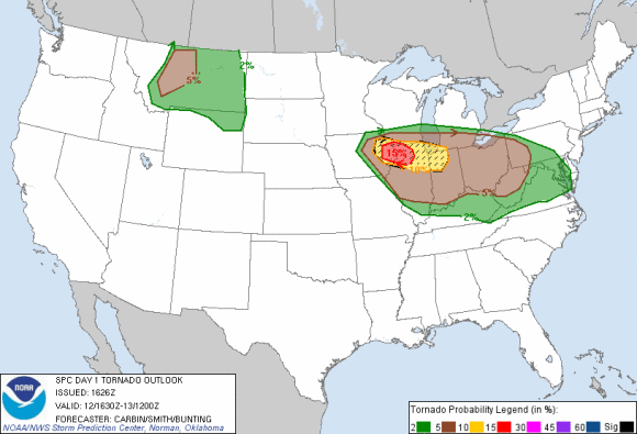 Image showing the probability of a tornado within 25 miles of a point. Hatched Area: 10% or greater probability of EF2 - EF5 tornadoes within 25 miles of a point. Image Credit: Storm Prediction Center