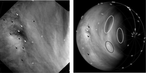 Examples of cloud features identified in Venus Express images and used to monitor wind speeds. Long-term studies based on tracking the motions of several hundred thousand cloud features, indicated here with arrows and ovals, reveal that the average wind speeds on Venus have increased from roughly 300 km/h to 400 km/h over the first six years of the mission. Image via ESA.