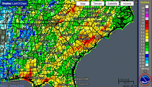 Rainfall totals across the Southeast for the past five days (through July 3, 2013). Image Credit: NOAA
