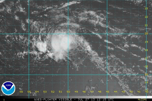 Visible satellite image of Tropical Storm Dorian on July 27, 2013. Image Credit: National Hurricane Center