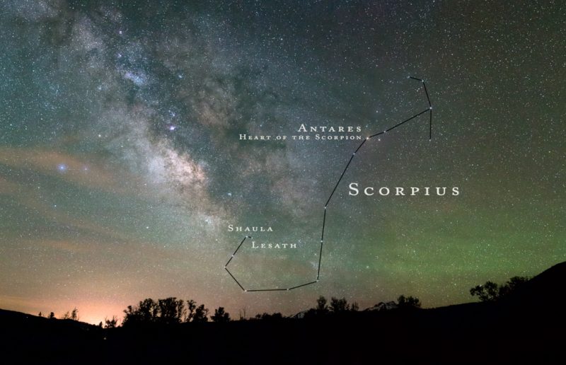 Night sky, Milky Way, labeled stars of Scorpius with lines drawn between them.