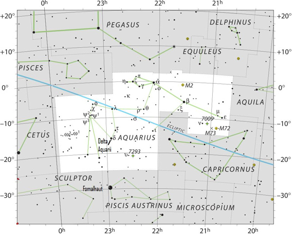 The constellation Aquarius the Water Bearer. Click here for a larger chart