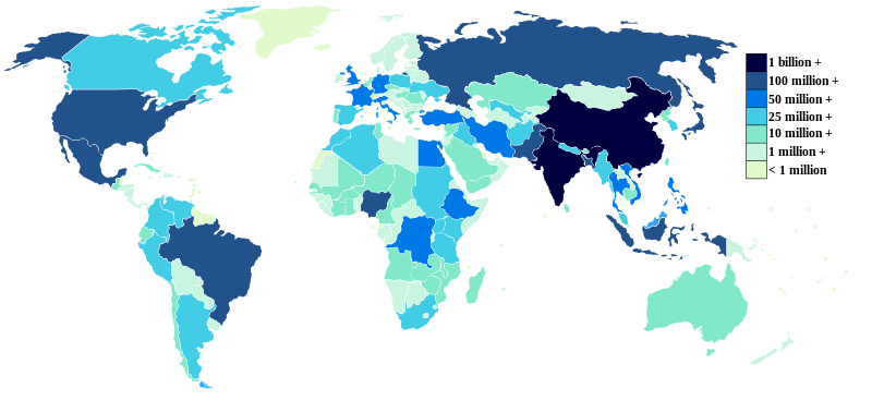View larger. | A map of the world's countries by total population, with darker shading indicating larger populations. Image via Wikimedia Commons.