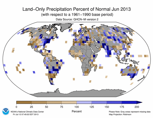 Land precipitation percent of normal for June 2013. Blue colors indicate areas with above average rainfall. Image Credit: NCDC 