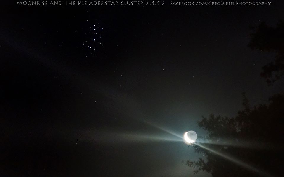 View larger. | July 4, 2013 moonrise and Pleiades star cluster.  Currituck, NC 3:15am.  Via EarthSky Facebook friend GregDiesel Landscape Photography.  See Greg's online gallery here.