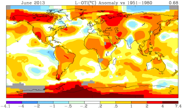 Temperature difference from average during June around the globe. NASA map via Capital Weather Gang. 
