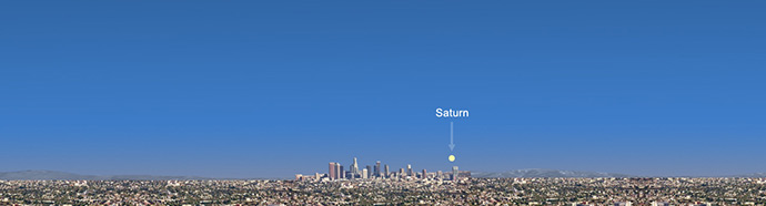 From Los Angeles (and western states) wave at Saturn low on the eastern horizon from 2:27 to 2:42 p.m. PDT on July 19, 2013. Saturn’s approximate location is shown, but it will not be not visible in the daylight.