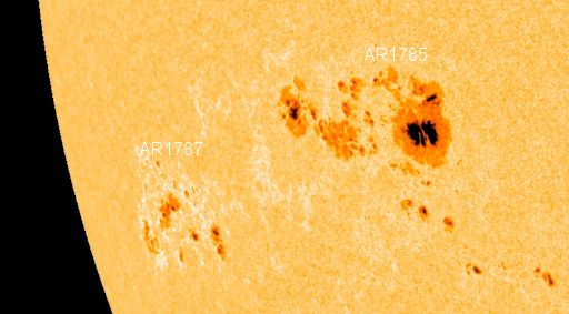Each of largest spots in this sunspot grouping - called AR1785-1787 - are as wide as Earth. Image via NASA's Solar Dynamics Observatory.