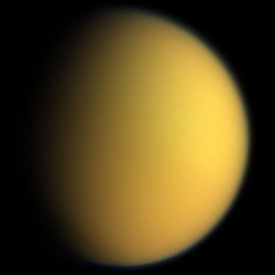 This natural color composite was taken during the Cassini spacecraft's April 16, 2005, flyby of Titan. It is a combination of images taken through three filters that are sensitive to red, green and violet light. It shows approximately what Titan would look like to the human eye: a hazy orange globe surrounded by a tenuous, bluish haze.