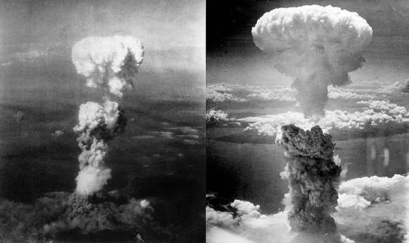 Atomic bomb over Hiroshima (left) on August 6, 1945 and Nagasaki (right) on August 9, 1945.   Read more about these images.