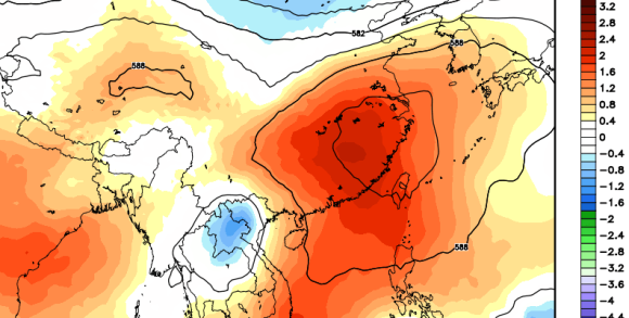 The dark oranges centered over eastern China indicate a “heat dome,” which has elevated temperatures and blocked precipitation. Image from August 8, 2013 via WeatherBell. Caption via Capital Weather Gang at the Washington Post. 