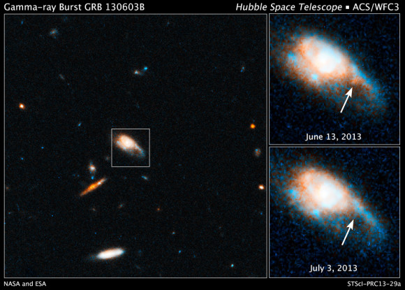 These Hubble images show the fireball afterglow of Gamma-ray Burst 130603B. Image credit: NASA, ESA, N. Tanvir (University of Leicester), A. Fruchter (STScI), and A. Levan (University of Warwick)