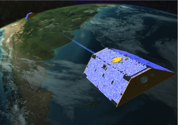 Look at what the Grace Satellite looks like as it measures data across a continent. Image Credit: NASA/University of Texas at Austin 