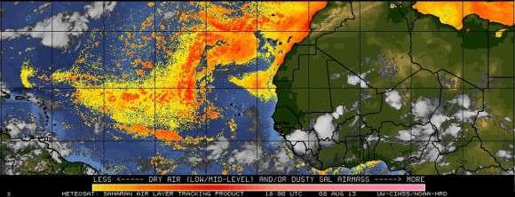 The Saharan air layer (red and orange colors) prevents tropical cyclones from developing due to the dry air pushing off the coast of Africa. Image Credit: Meteosat via University of Wisconsin (CIMSS)