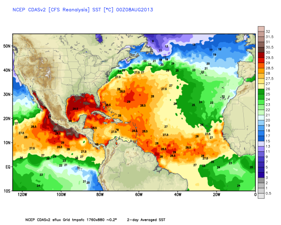 Current sea surface temperatures for the Atlantic ocean. Temperatures over 27 degrees Celsius is favorable for tropical cyclone development. Image Credit: Weatherbell Analytics 