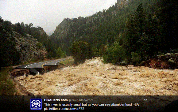 Flooding has destroyed roads near St Vrain Creek up the road from #Lyons Colorado. 