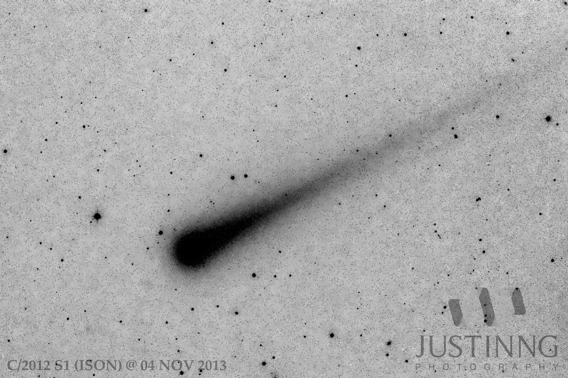 View larger. | This inverted image of Comet ISON on November 4, 2013 is from Justin Ng in Hong Kong. It's one of the images that showed, in early November, that Comet ISON apparently now has two tails. Read more about this image here.