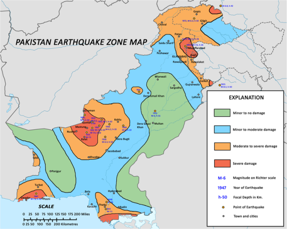 Pakistan earthquake zone map, via Wikimedia Commons. The September 24, 2013 earthquake took place 116 km (72 m) northwest of Bela on this map, which is in the blue zone (minor to moderate damage). Yet USGS issued a red alert for fatalities and orange alert for economic losses for this quake.