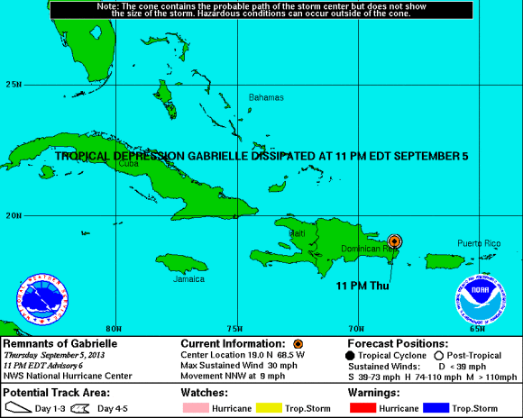 Tropical Storm Gabrielle is no more. However, it will continue to bring heavy rain to the U.S. Virgin Islands and Puerto Rico. Image Credit: NHC