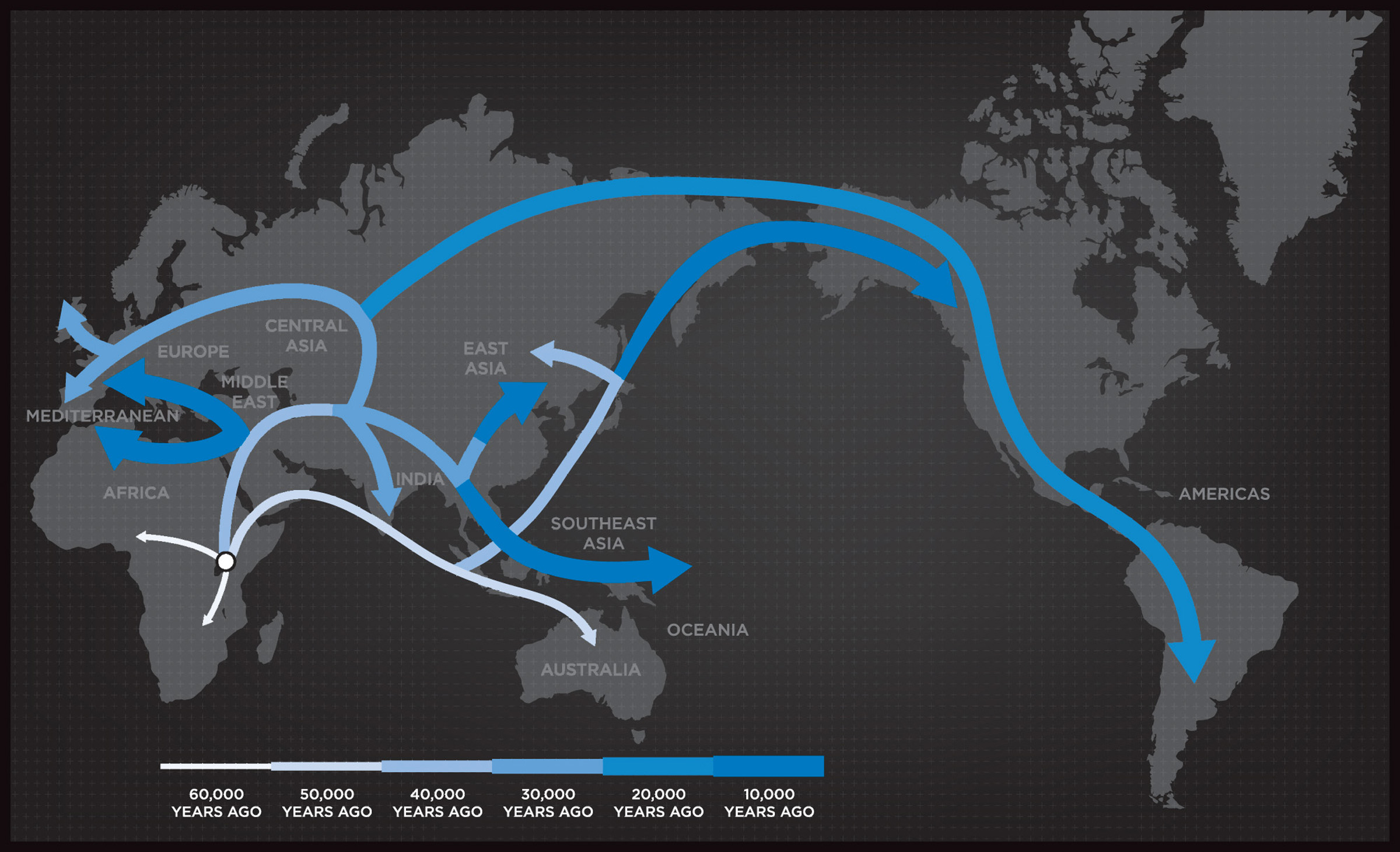 A snapshot of human migration out of Africa that began about 70,000 years ago. Image credit: Genographic Project, National Geographic Society.