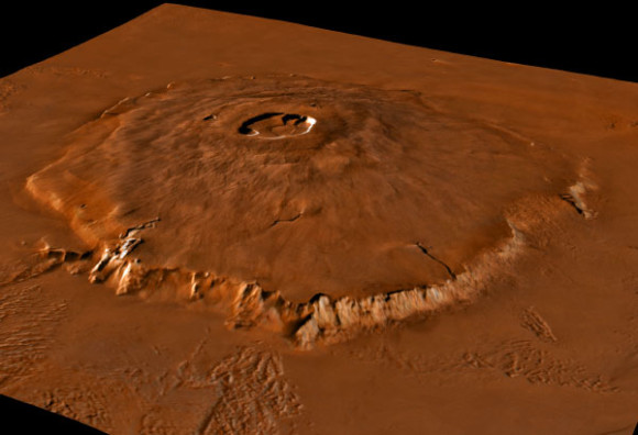 This is Olympus Mons (Latin for Mount Olympus) is a large shield volcano on the planet Mars. Image credit: NASA