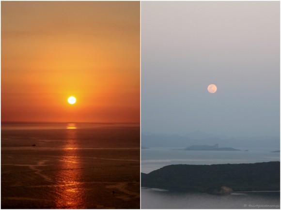 Tonight's sunset and moonrise - September 19, 2013 - as seen by EarthSky Facebook friend Andy Somers in Noumea, New Caledonia. One of the characteristics of the Harvest Moon is that it rises around the time of sunset for several evenings in a row. Thank you, Andy.