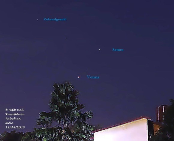 Venus, Saturn and a nearby star - Zubenelgenubi in the constellation Libra the Scales - as seen by our friend Rajib Maji of Rawatbhata, India.  Thank you, Rajib!