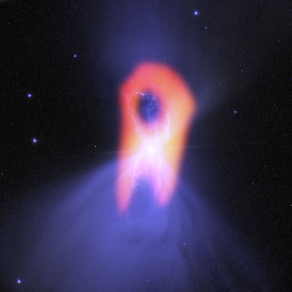 View larger. | Boomerang Nebula seen with ALMA. Credit: Bill Saxton; NRAO/AUI/NSF; NASA/Hubble; Raghvendra Sahai