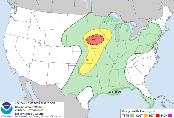 Slight risk is in yellow while the moderate risk is highlighted in red. Image Credit: Storm Prediction Center