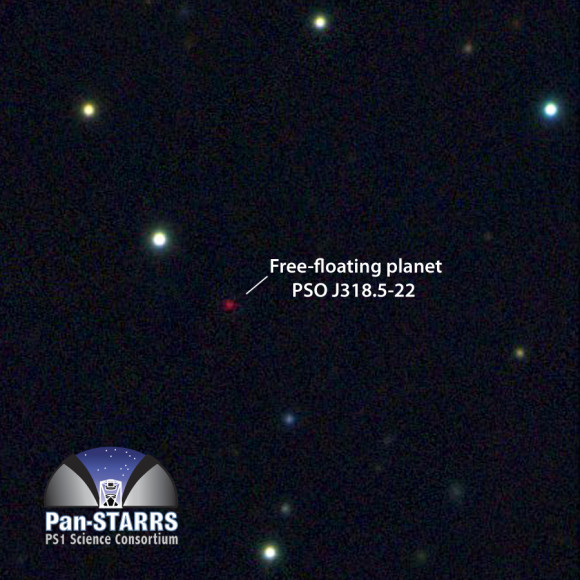 Multicolor image from the Pan-STARRS1 telescope of the free-floating planet PSO J318.5-22, in the constellation of Capricornus. The planet is extremely cold and faint, about 100 billion times fainter in optical light than the planet Venus. Most of its energy is emitted at infrared wavelengths. The image is 125 arcseconds on a side. Credit: N. Metcalfe & Pan-STARRS 1 Science Consortium