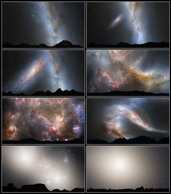 6 panels with spiral galaxy getting closer, galactic chaos, and final large, calm elliptical galaxy.