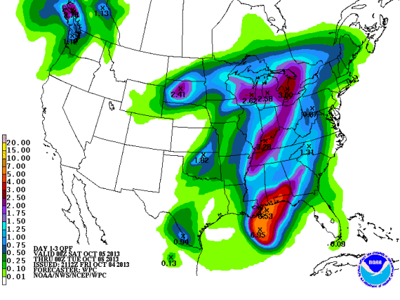 Rainfall totals over the next three days in the United States. Image Credit: Weather Prediction Center
