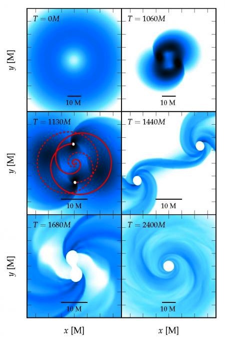 The various stages encountered during the collapse of a fragmenting supermassive star. Each panel shows the density distribution in the equatorial plane. The star is so rapidly spinning that the configuration at the onset of the collapse (upper left panel) is quasi-toroidal (the maximum density is off-centered thus producing a ring of maximum density). The simulation ends after the black hole has settled (lower right panel). Credit: Christian Reisswig/Caltech