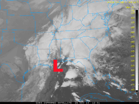 Infrared Satellite image of the storm brewing in the Southeast on November 26, 2013. Image Credit: GOES/College of Dupage