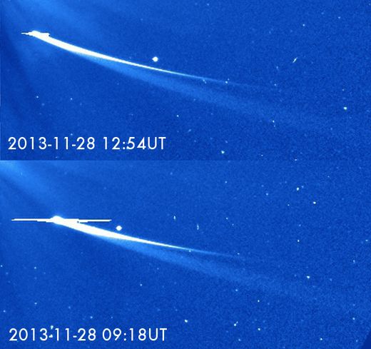 Once again comet ISON raises our hopes and then dashes then... perhaps for the final time. It has clearly started to fade dramatically, and this does not bode well for survival. Image and caption via ESA/NASA, annotations by Karl Battams.
