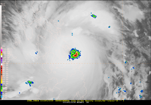 An experimental lightning detector via satellite detection noticed increased lightning activity around the eye wall of Haiyan at 2230 UTC on 11/07/13.. Image Credit: MTSAT 2 km Infrared