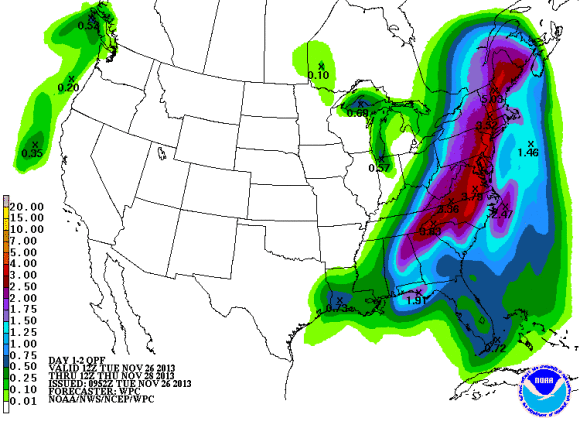 Potential rainfall totals over the next two days across the Eastern United States. Image Credit: Weather Prediction Center
