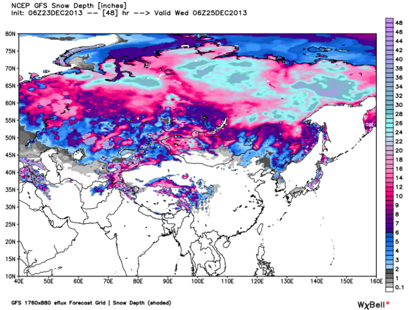 Potential snow depth on Christmas Day via the GFS model across Asia. (just a forecast and might not be completely accurate) Image Credit: Weatherbell