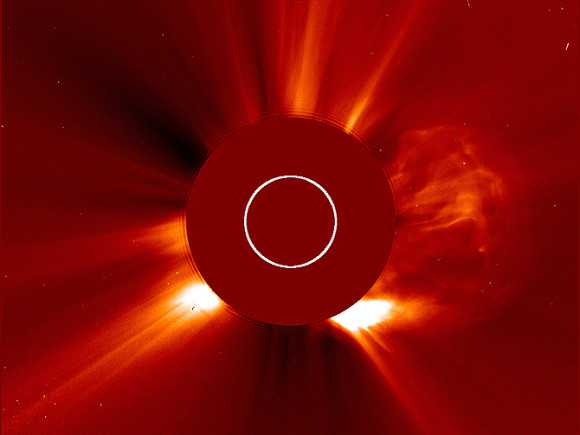 This image was captured by ESA and NASA’s Solar and Heliospheric Observatory (SOHO) on July 22, 2012 at 10:48 PM EDT. On the right side, a cloud of solar material ejects from the sun in one of the fastest coronal mass ejections (CMEs) ever measured. Image via ESA&NASA/SOHO 